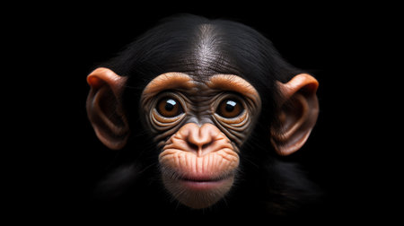 Banner with a portrait of smart looking chimpanzee closeup with copy space and solid background. Conの素材