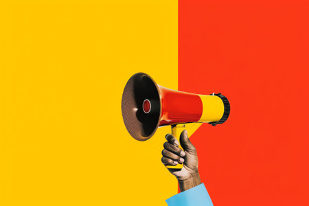 Get ready. Loudspeaker alert message. Special offer sign. Advertising discounts symbol. Yellow backgの素材