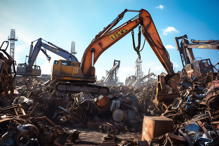 Heavy machinery shredding garbage in an open air landfill. Wasteの素材