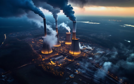 Uk- england- nottingham- water vapor rising from cooling towers of coal-fired power station at duskの素材