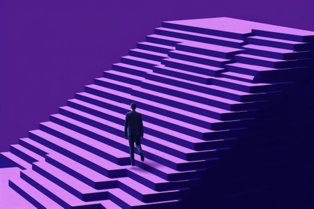 A man running up to the hand drawn stairs as a concept of coaching, business training, goal achievmeの素材