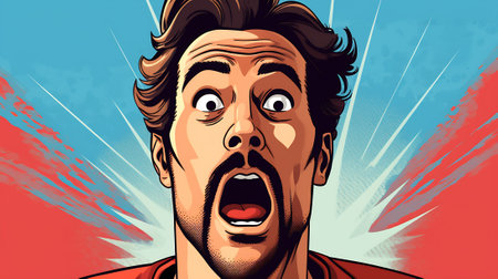 Pop art Man with shocked facial expression. Surprised male in comic style showing by finger. Smilingの素材