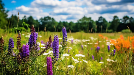 Nature-inclusive or circular and sustainable agriculture with wild flowers along potato field in theの素材