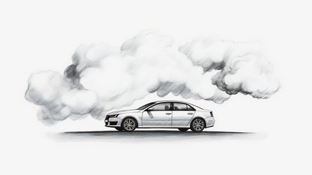 Car air pollution. City road smog, factories smoke and industrial carbon dioxide clouds. Vehicle toxの素材