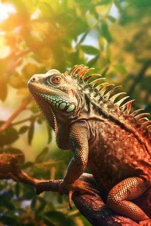 Iguana cub in close-up with green background. South American and Brazilian biodiversity.の素材