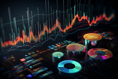 Diagrams and graphs on virtual screen. Business strategy, data analysis technology and financial groの素材