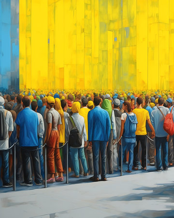 Colorful lines floating against people waiting in lineの素材