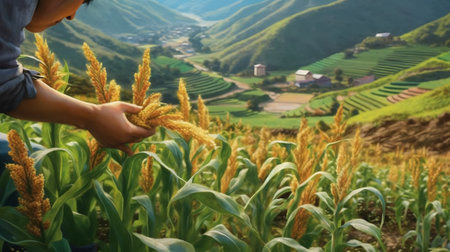 Farmer examining young green corn maize crop plant in cultivated agricultural fieldの素材