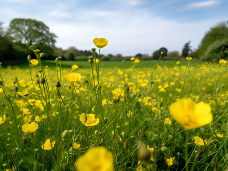 Variety of colourful wild flowers including corn marigold and poppies growing in the grass in Pinn Mの素材