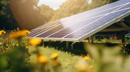 Black solar batteries in garden. Green garden with solar panels for solar energy, climate adaptationの素材