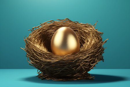 Close up of gold eggs in a nest.の素材