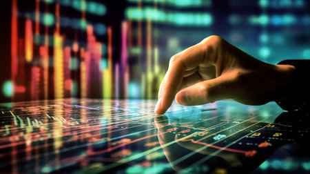 A woman hands writing information about stock market in notepad. Forex chart holograms in front. Conの素材