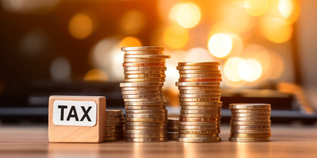 Income tax collection, strategy for paying tax, financial concept : Tax, dollar money bags on a simpの素材