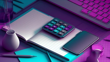 Budget 2020 text concept. Office workplace table with calculator, glasses, textbook and keyboard, buの素材