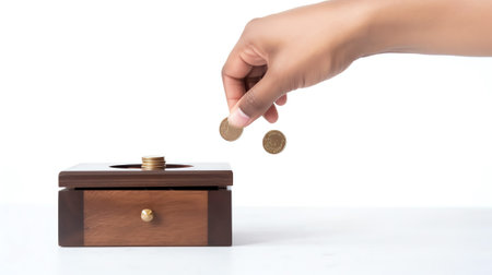 Coin and coin hand held on square wooden block with bonus message. Money and compensation concept.の素材
