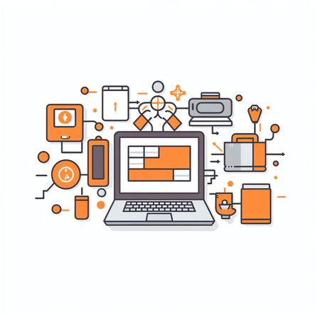 Flat design line vector of on-line advertising, social media marketing, paid advertising and offlineの素材