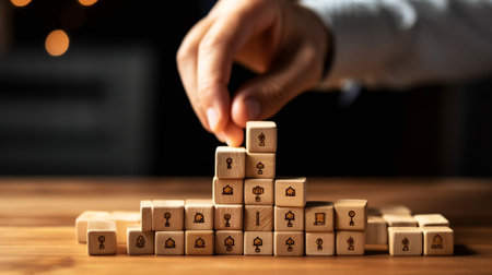 The word annuity is written on a wooden cubes. Blocks on a bright yellow background. Corporate hieraの素材