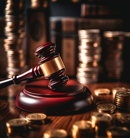 Law and finance. Bankcruptcy, tax law, bribe, corruption, arbitration, penalty concept.Gavel and calの素材