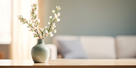 Front view of interior decoration with green vase of lilac flowers bouquet against blurred backgrounの素材