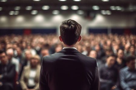Male speaker giving presentation in lecture hall at university workshop. Audience in conference hallの素材