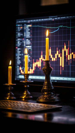 Strategy of diversified investment.  Investor managing portfolio. Pie chart and candlestick charts.の素材