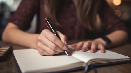 Close up young woman with calculator counting making notes at home, hand is writing in a notebook. Sの素材