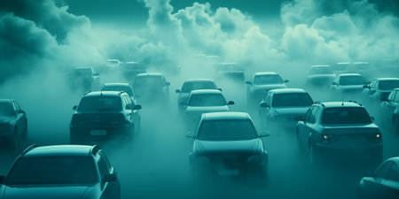 air pollution from the exhaust of cars in the city during the cold day, environmental pollution in tの素材