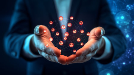 CRM. Customer network relationship management concept, Businessman hold of global structure customerの素材