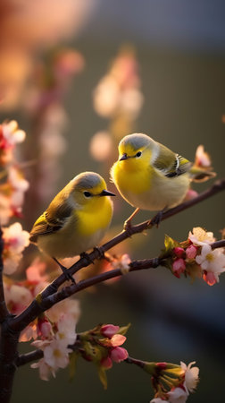 spring colored birds flirting, natural design, unique moments in the wildの素材