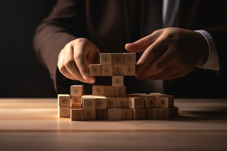 Business concept. In the hands of a person and on a reflective surface are wooden blocks with the inの素材