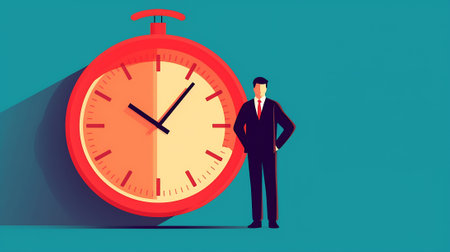 Businessman running away in clock. Control time. Vector illustration flat design. Isolated on backgrの素材