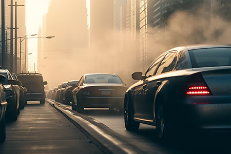 air pollution from the exhaust of cars in the city during the cold day, environmental pollution in tの素材