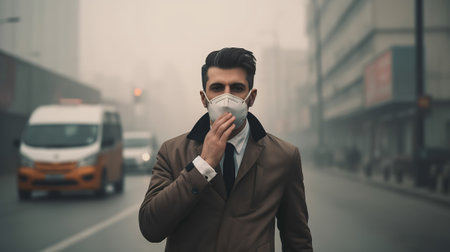 Dust mask prevent air pollution in large cities concept,vector illustration.の素材