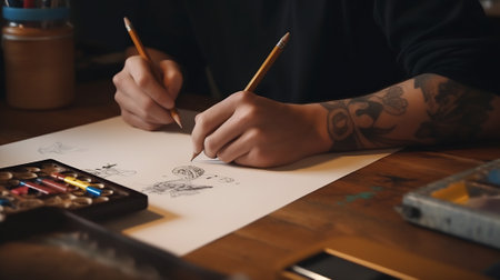 Graphic designer drawing sketches logo design. The concept of a new brand. Professional creative occの素材