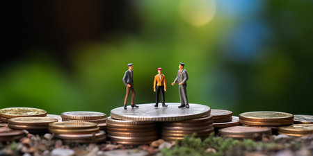 Miniature happy senior couple with savings coins. Show growth asset investment, Retirement plan, Penの素材