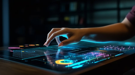 A woman hands writing information about stock market in notepad. Forex chart holograms in front. Conの素材