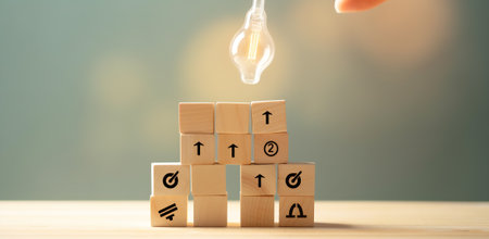 Wood cube block with word BRAND on wooden table. Brand building for success conceptの素材