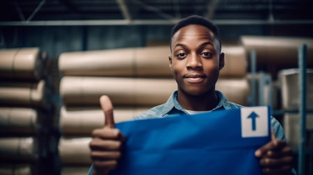 Man in blue sweatshirt holding a card with text ASSET ALLOCATION, business conceptの素材