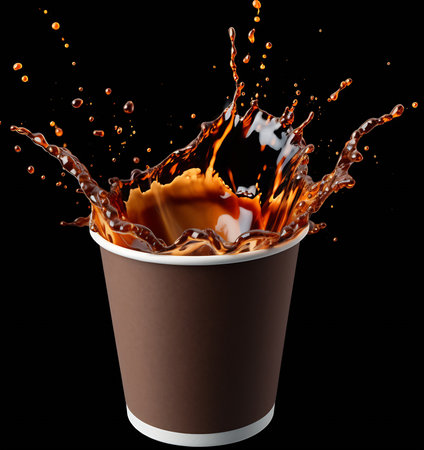 Iced coffee pouring down into a takeaway cup on blackboard background with flying coffee beans in 3dの素材