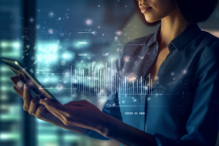 Close-up of female hands touching digital tablet with business diagramの素材