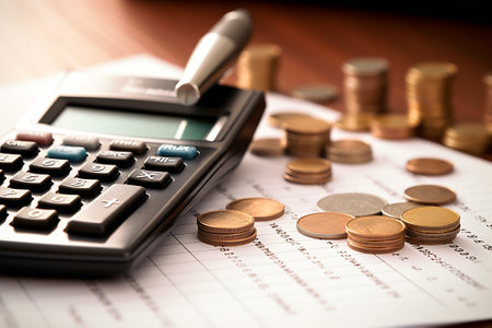 State pension with coins and calculatorの素材