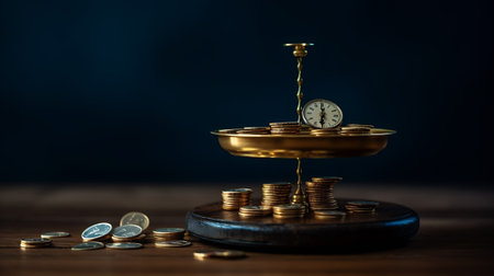 Coin stack step growing up to success financial business with clock and jar, Save money and investmeの素材