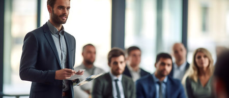 Male speaker giving presentation in lecture hall at university workshop. Audience in conference hallの素材