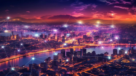 Smart city dot point connect with gradient line, connection technology metaverse concept. Bangkok, Tの素材