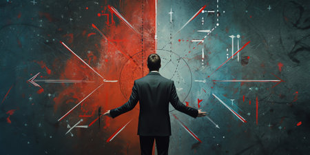 Compass in a man's hand. Business development in different directions. Art collage.の素材