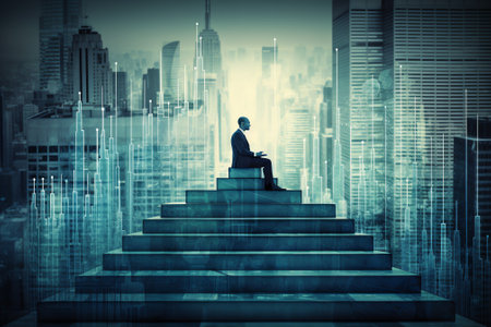 double exposure business man draw growth chart with cityscape background. concept for business workiの素材