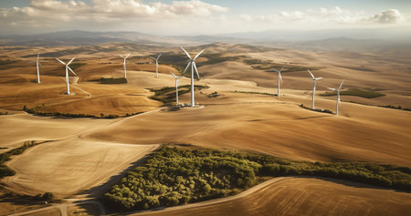 Windmills between agricultural fields with rapeseed plantations on the hills of the province of Tarrの素材