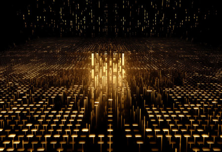 Virtual golden particle digital city skyline on black backgroundの素材