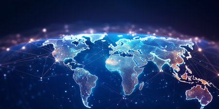 Global communication network concept, The planet earth at night with node connection, Business expanの素材