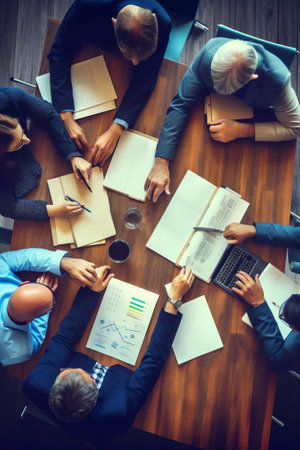 Image of female hands with pens during discussion of business documents at meetingの素材